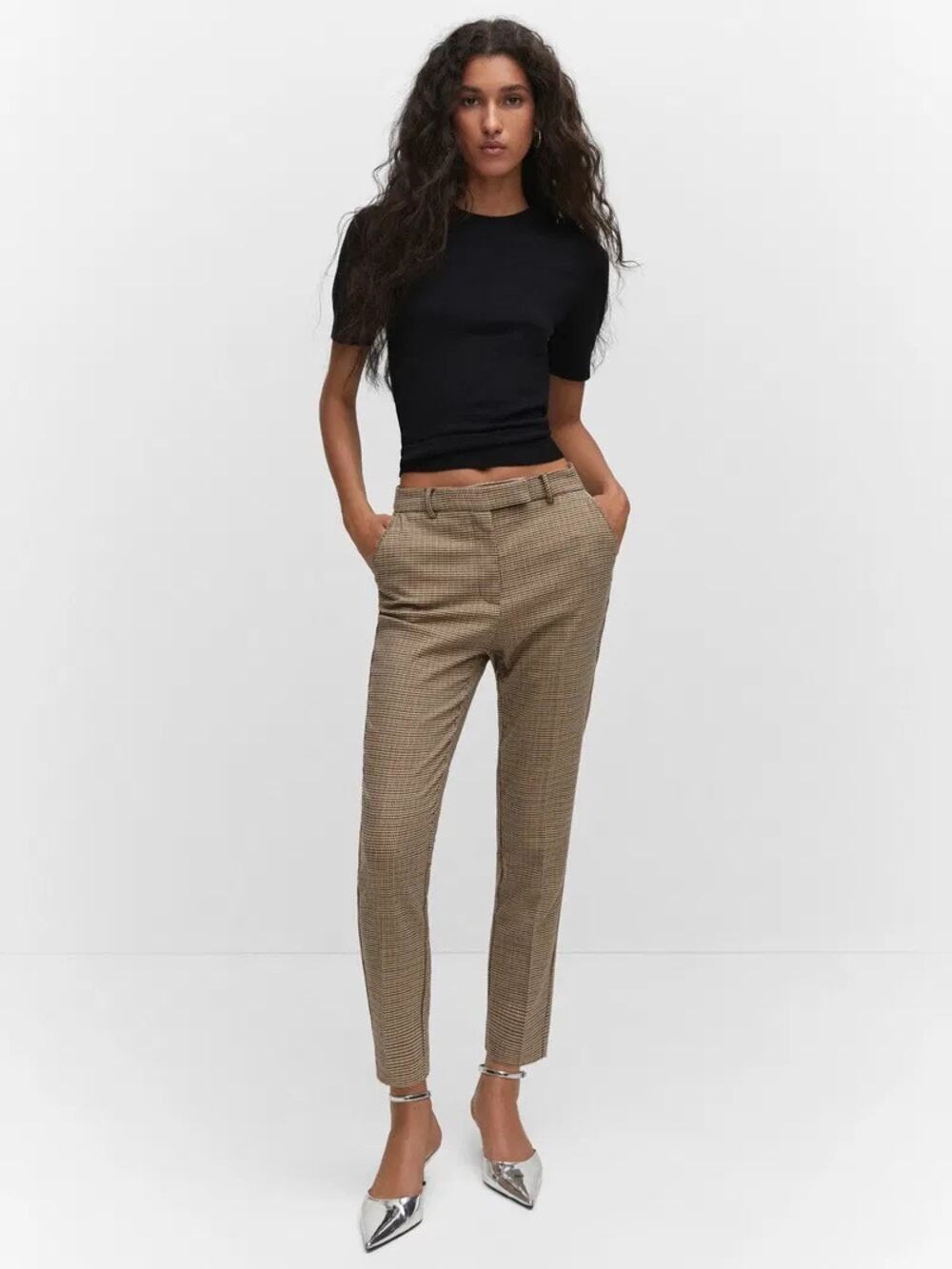 NWT Mango Brown Micro Check Skinny Crop Pants Womens 6 Career Stretch